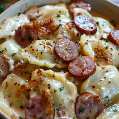 Crockpot Pierogi Casserole with Kielbasa Recipe / thegreatrecipe.com